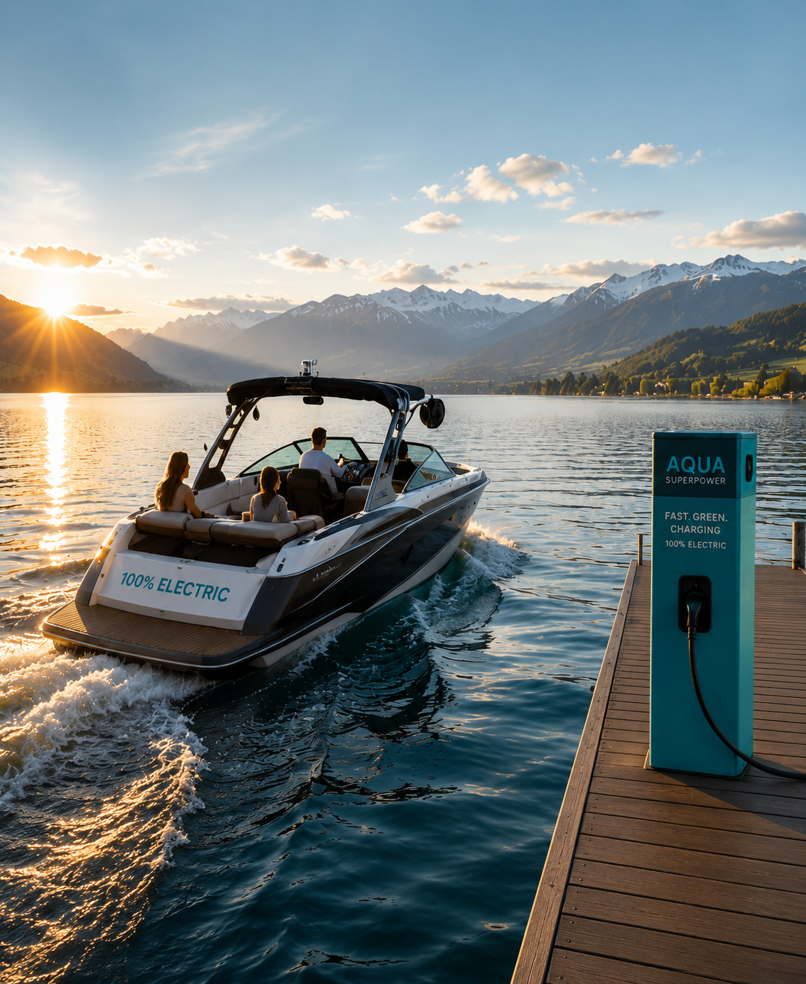 Elektroboot an einer Ladesäule vor der Bergkulisse des Bodensees